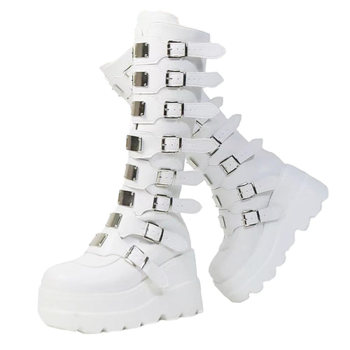 Atsroel Platform Knee High Boots Square Toe Wedge Boots For Women Goth Buckle Mid Wide Calf Boots Motorcycle Rave Punk Boots
