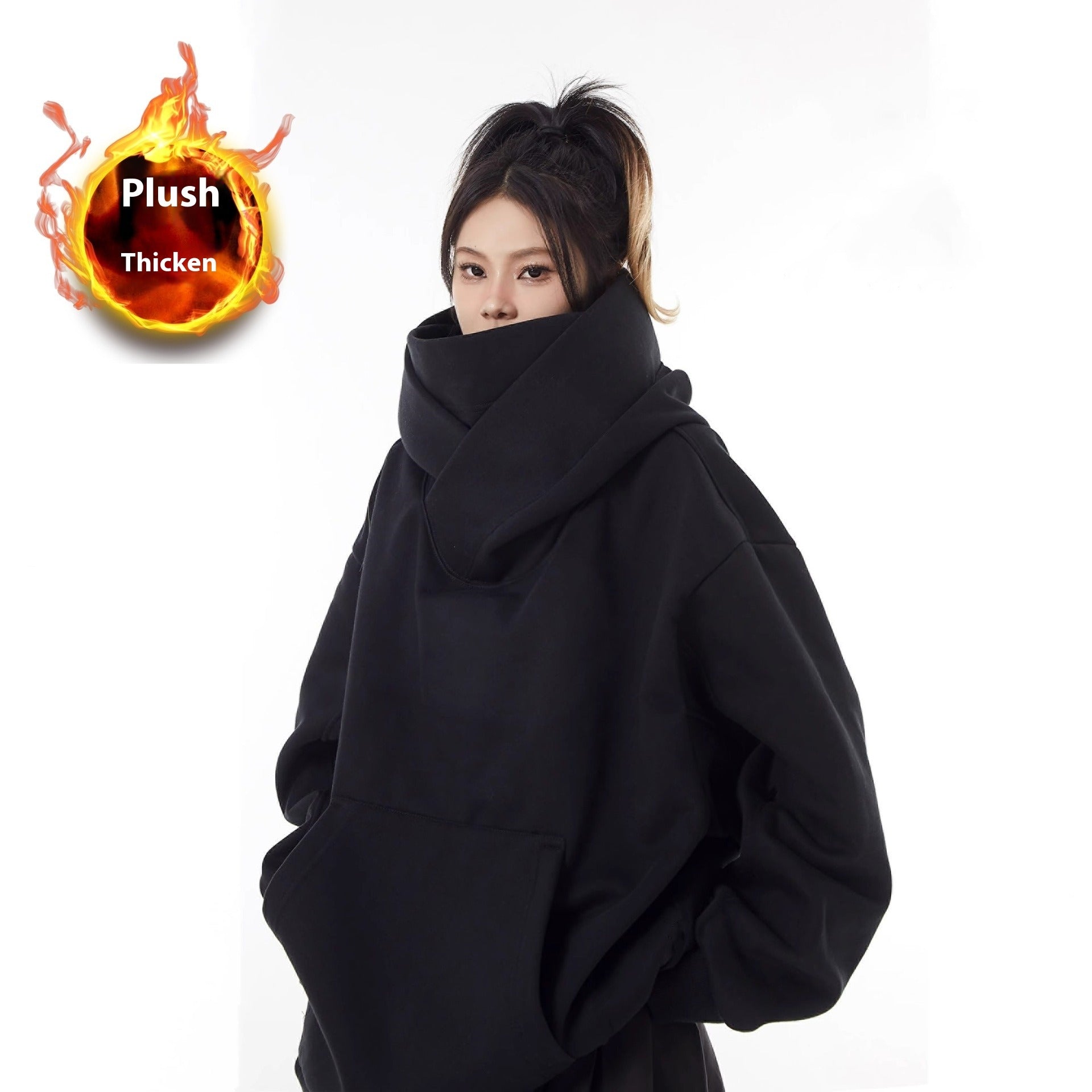 Loose High Collar Fleece Lined Hoodie - Urban Pulse