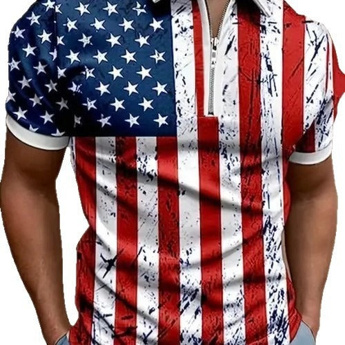 Men's 3D Digital Print Zip-Up Polo Shirt - Urban Pulse