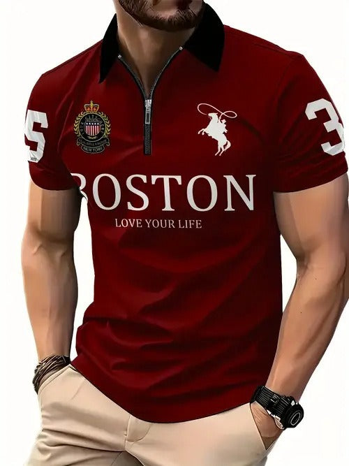 Men's 3D Digital Print Zip-Up Polo Shirt - Urban Pulse