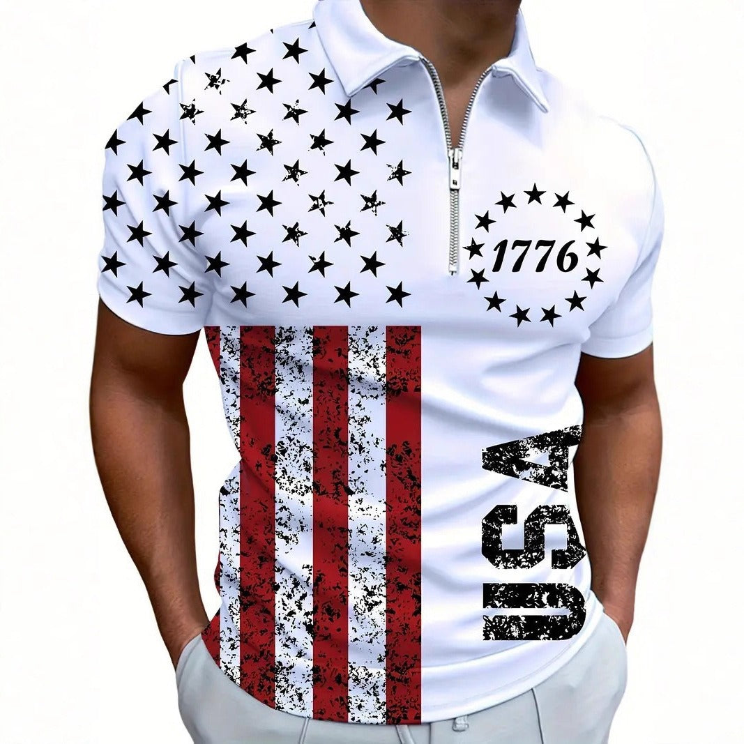 Men's 3D Digital Print Zip-Up Polo Shirt - Urban Pulse