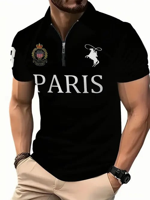 Men's 3D Digital Print Zip-Up Polo Shirt - Urban Pulse