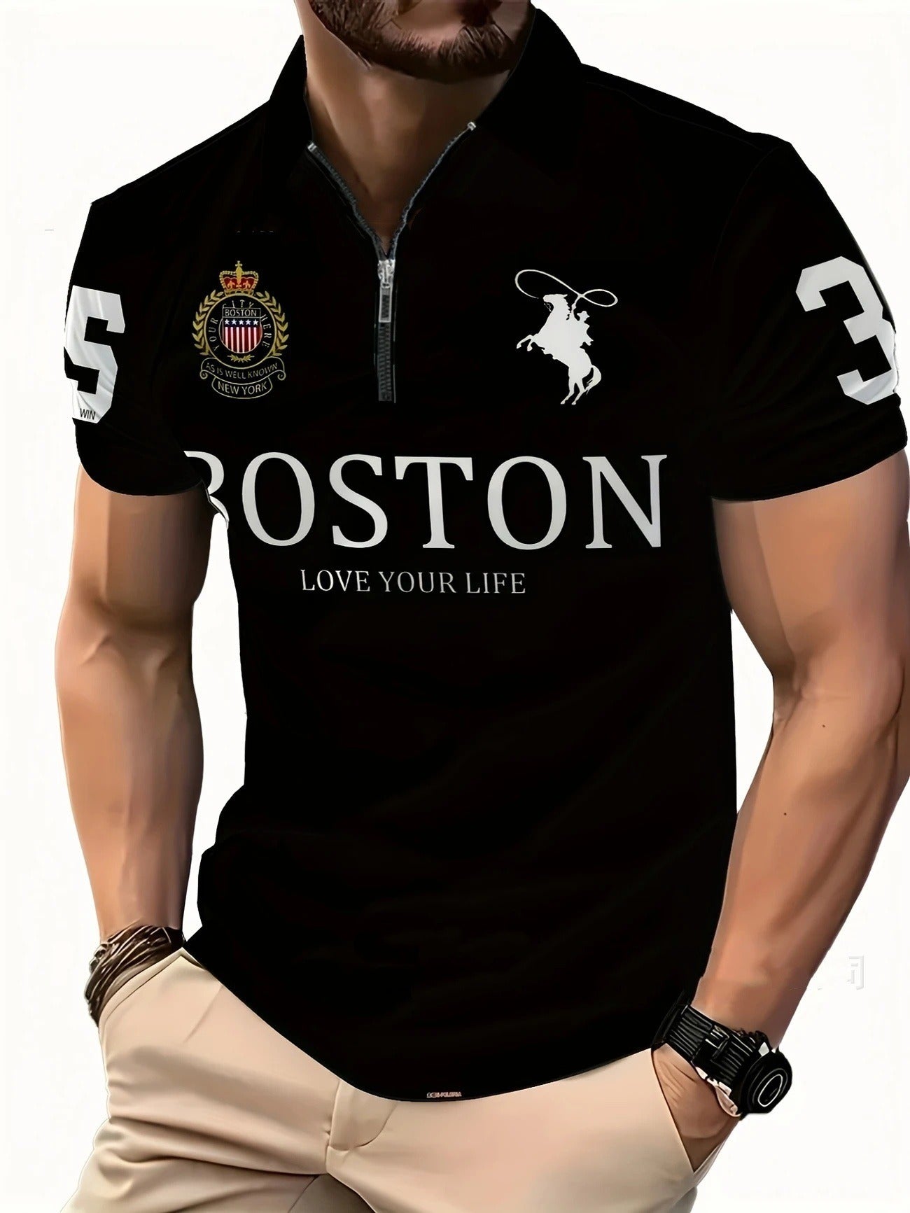 Men's 3D Digital Print Zip-Up Polo Shirt - Urban Pulse