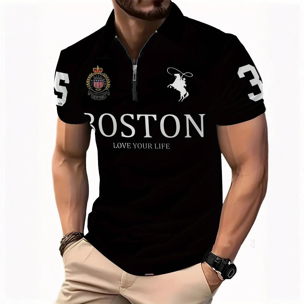 Men's 3D Digital Print Zip-Up Polo Shirt - Urban Pulse