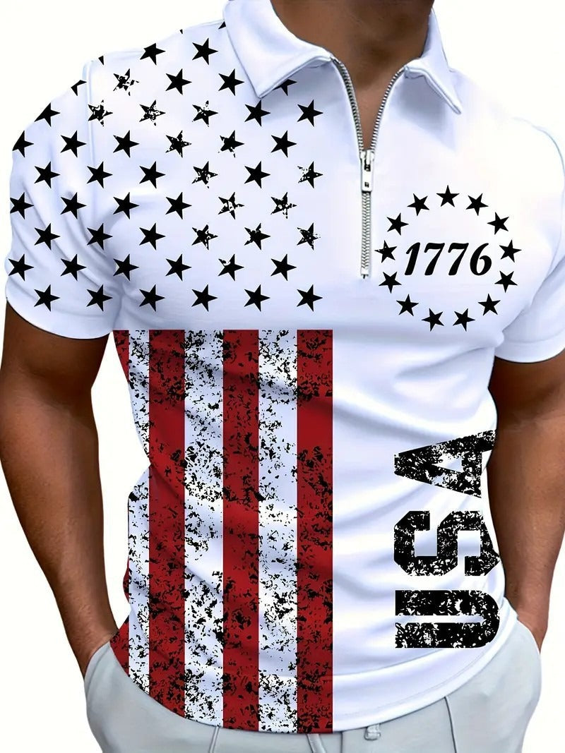 Men's 3D Digital Print Zip-Up Polo Shirt - Urban Pulse