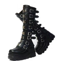 NIGXWNS Women Platform Knee High Goth Boots Zip Round Toe Wedge Punk Mid Calf Boots Buckle Chunky High Heel Combat Boots